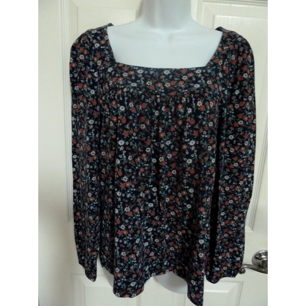 Lucky Brand Women Medium Peasant Top Dark Floral Square Neck Boho Blouse